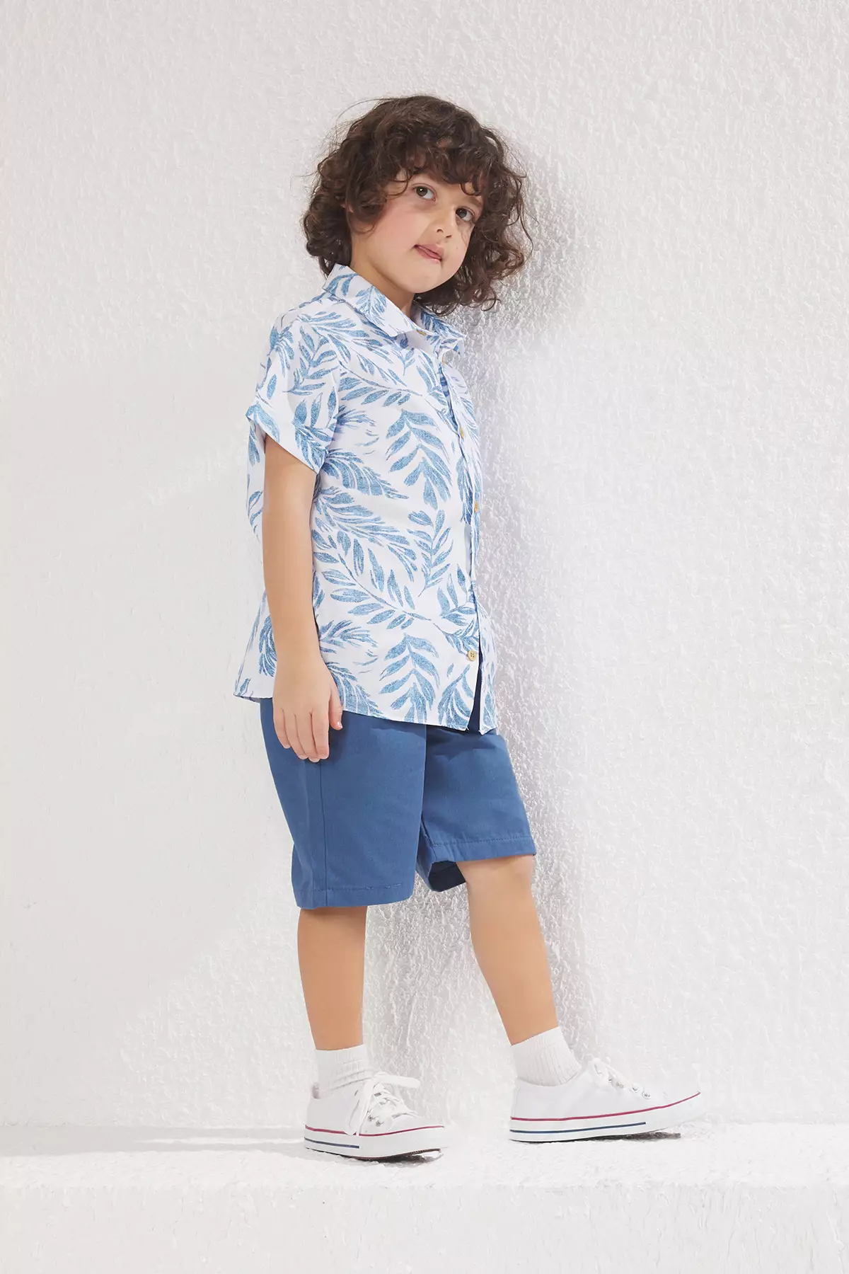 Boy's Blue Tropical Printed Cotton Shirt And Shorts Set - Tkdss25Au00035
