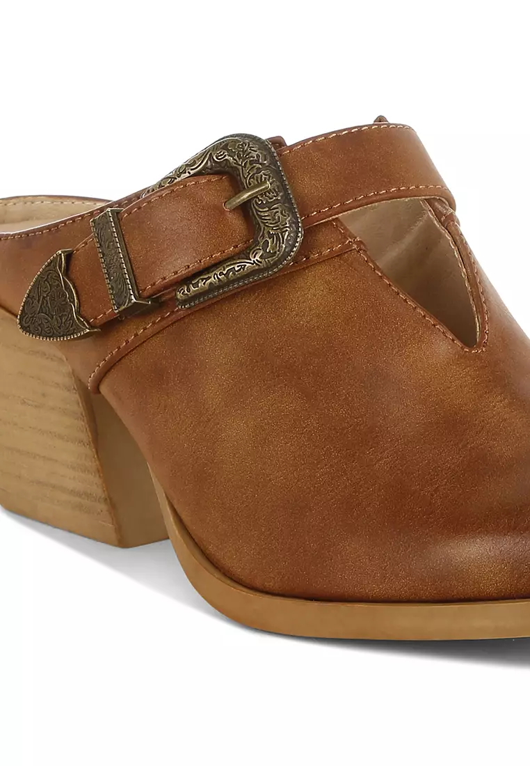 Carved Buckle Statement Mules in Tan
