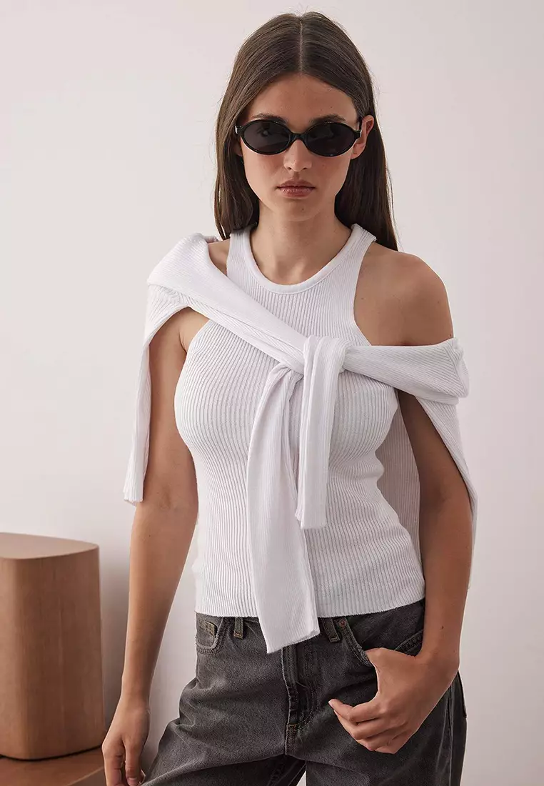 Bone Mercerized Look 2-Piece Knitwear Cardigan-Blouse Set Twoaw26Hi00035