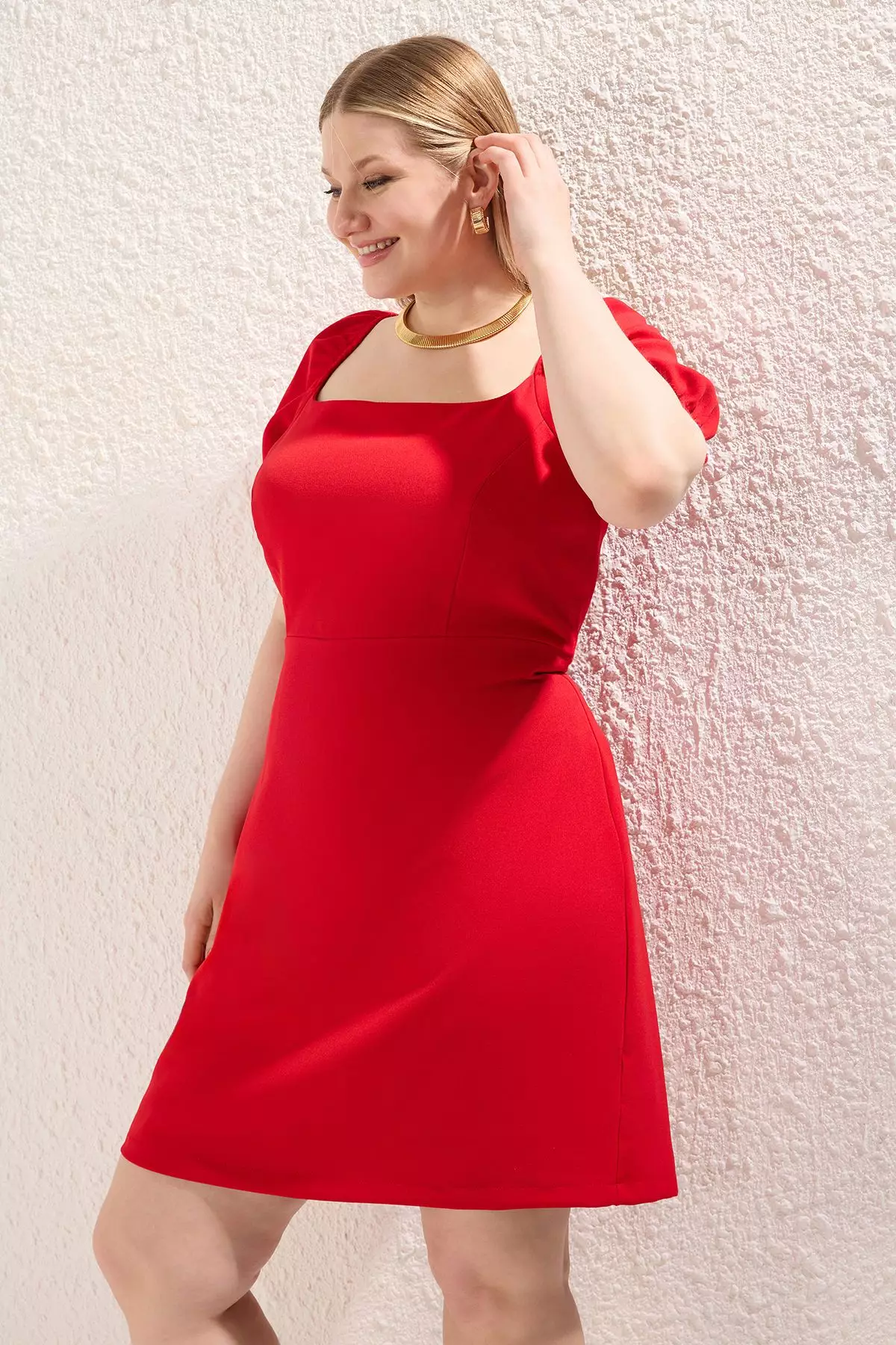 Square Neck Lining with Shorts Balloon Sleeves Woven Plus Size Dress