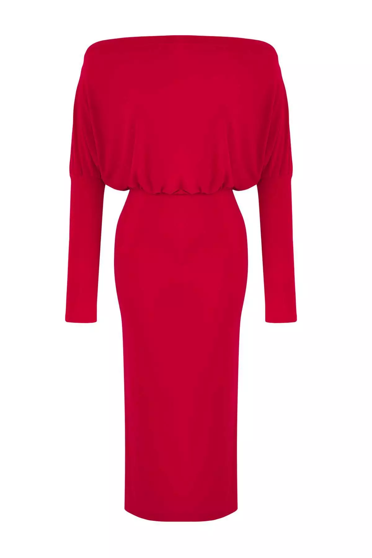 Red Plain Asymmetrical Single Sleeve Waist-Fitting Flexible Midi Knit Dress Twoaw25El00110