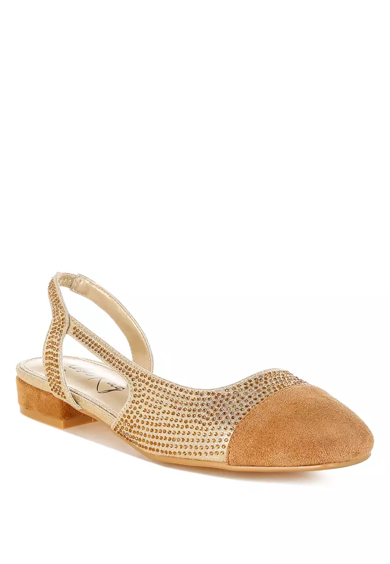 Rhinestone-Studded Glitter Flats in Gold