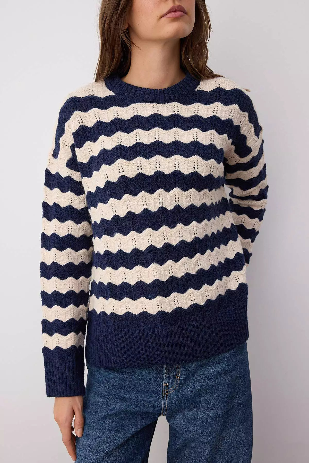 Navy Blue Soft Texture Wide Pattern Openwork/Hole Knitwear Sweater