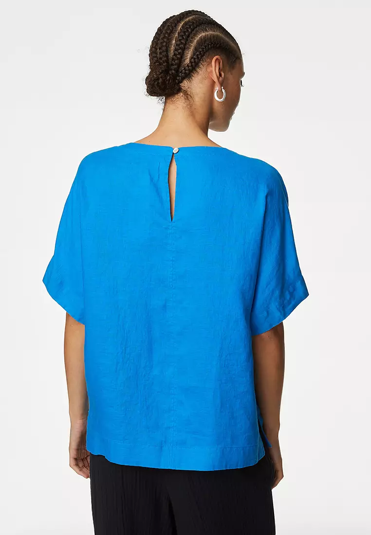 Pure Linen Round Neck Relaxed Blouse