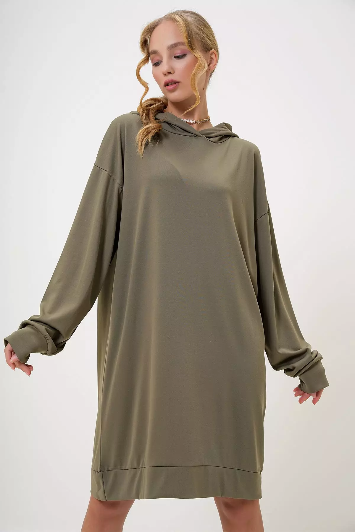 Women's Khaki Hooded Sweatshirt Dress