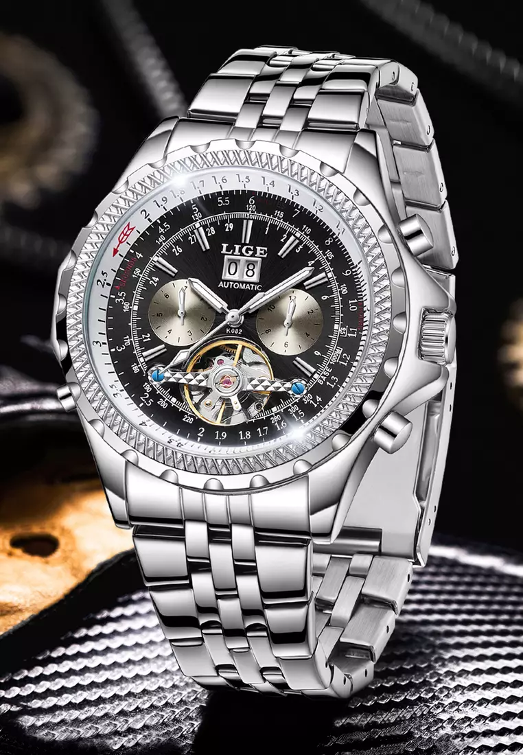 AUTOMATIC Unisex Stainless Steel Self-winding Watch, 46mm Diameter, Black dial on Steel Bracelet