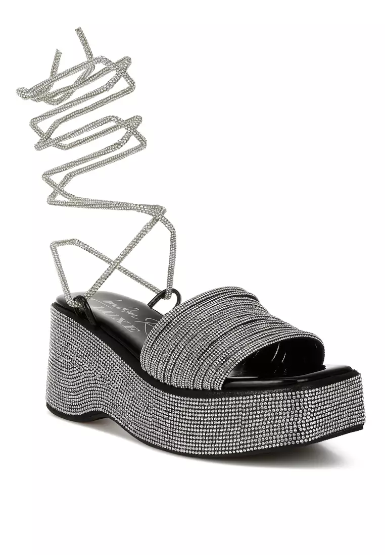 Black Rhinestone Embellished Lace-Up Sandals