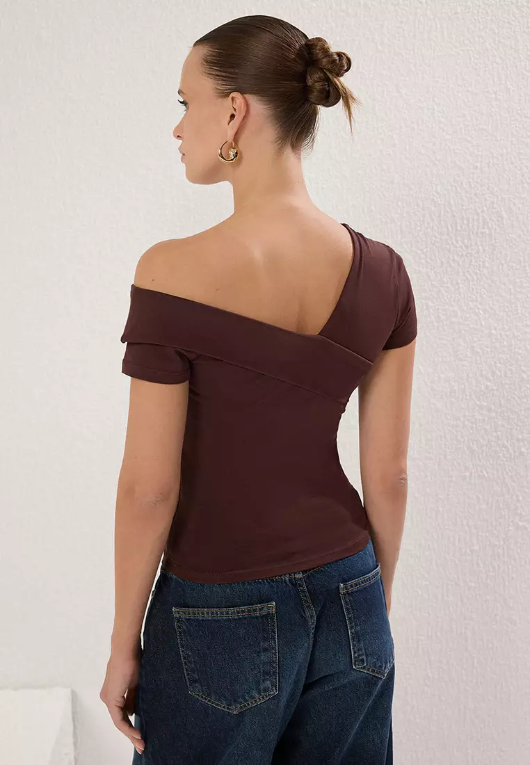 Brown Asymmetric Collar Fitted/Body-Smoothing Knitted Blouse Twoss25Bz00381