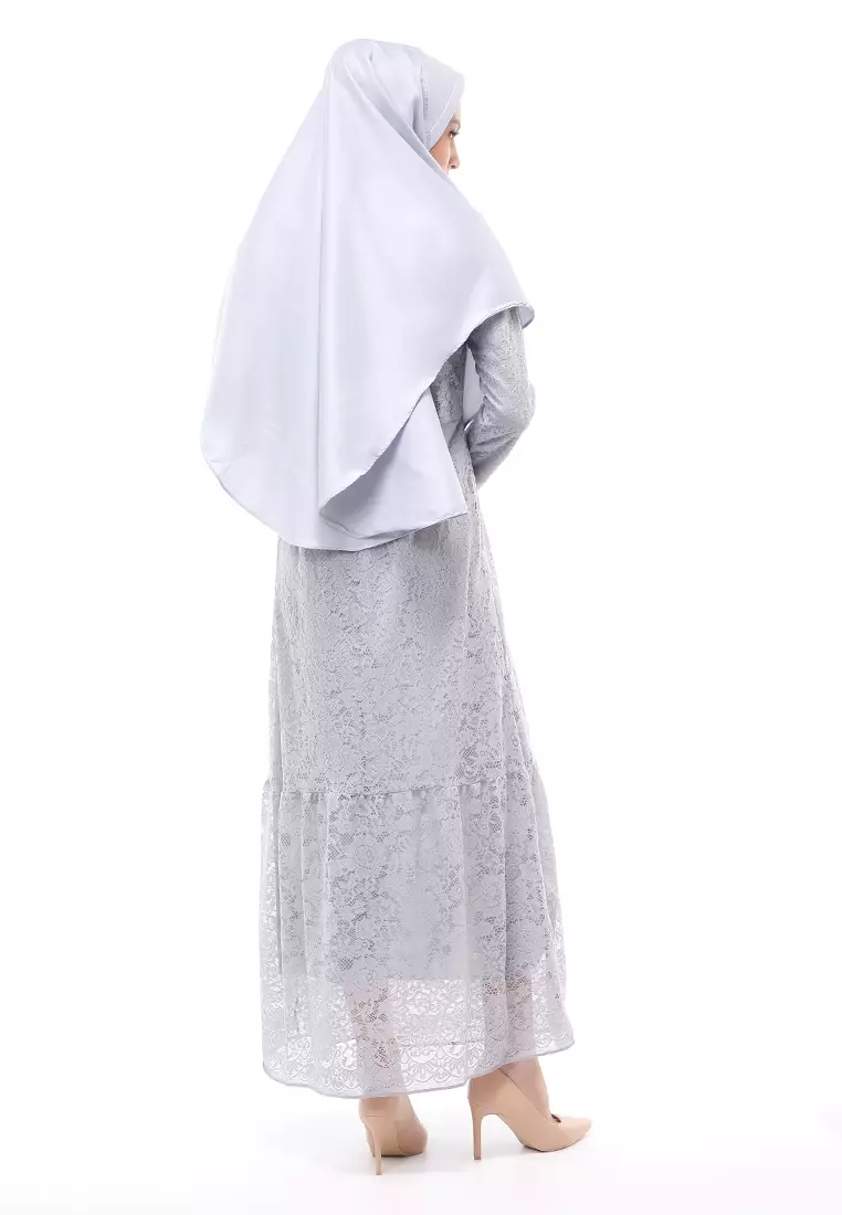 Aisyah Gamis Muslimah Wanita Motif Kebaya Long Sleeve Relaxed Fit - Silver