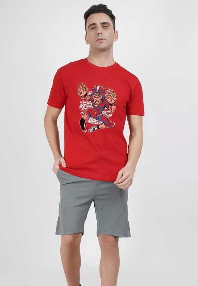 Rugby Football Graphic Red Cotton Short Sleeve Crew Neck Sportswear Tee