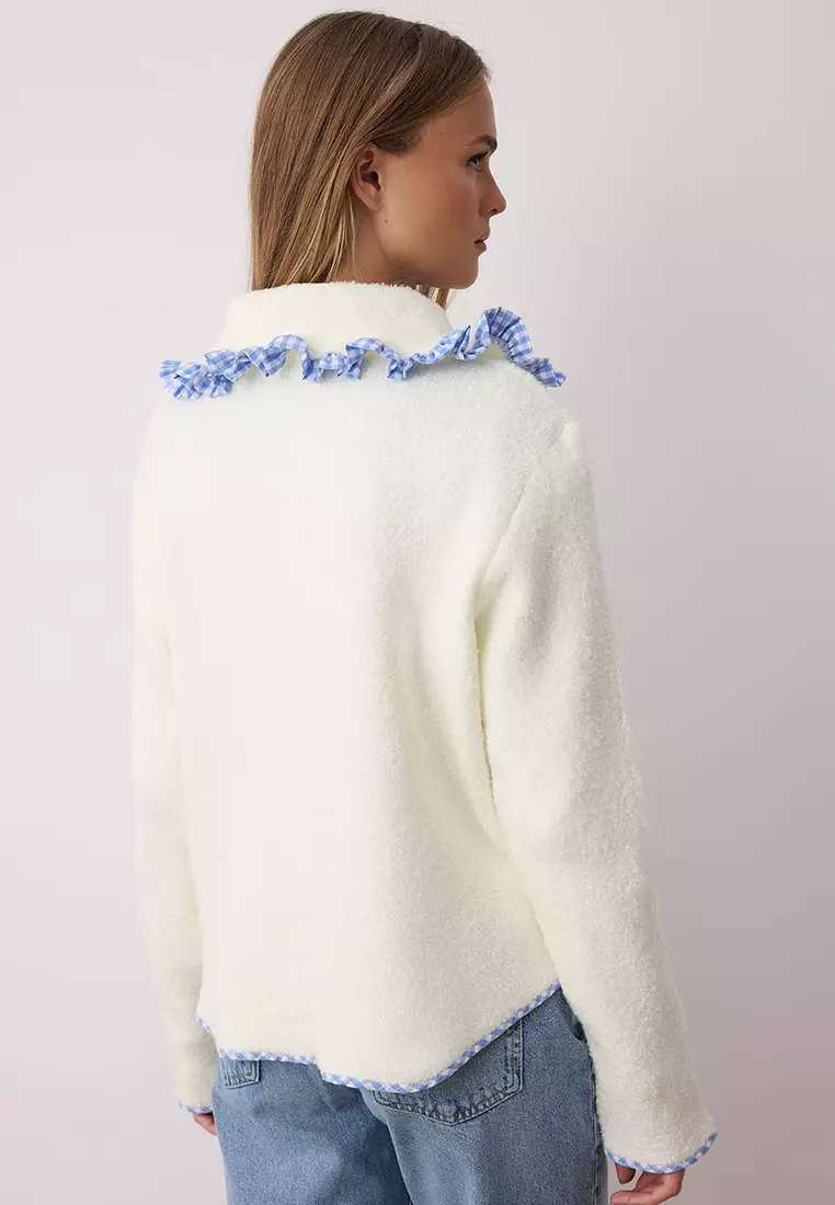 Ecru Soft Textured Garni Detailed Wide Fit Coat Look Knitwear Cardigan