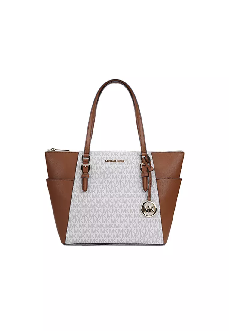 Michael Kors Charlotte Large Logo and Leather Top-Zip Tote Bag In