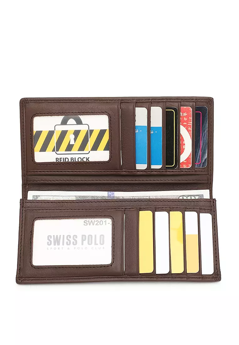 Genuine Leather RFID Long Wallet - Brown