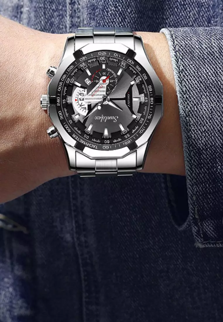 Jam Tangan Pria 9094 Original Kuarsa Kalender Tali Stainless Steel Jam Tangan Cowok(Kotak + Kartu Garansi) silver black