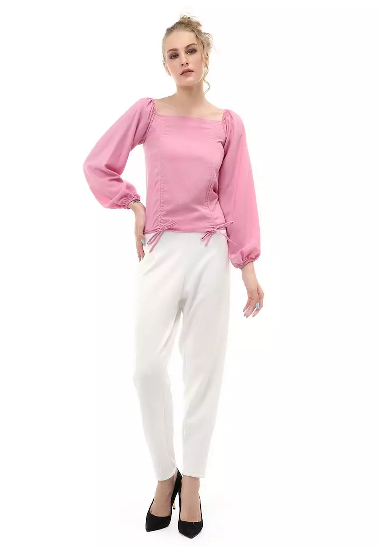 Cheva Blouse Atasan Wanita Sabrina Tali Lengan Panjang Casual Top Long Sleeve Comfortable Material Wolfis ORIGINAL - Dusty Pink