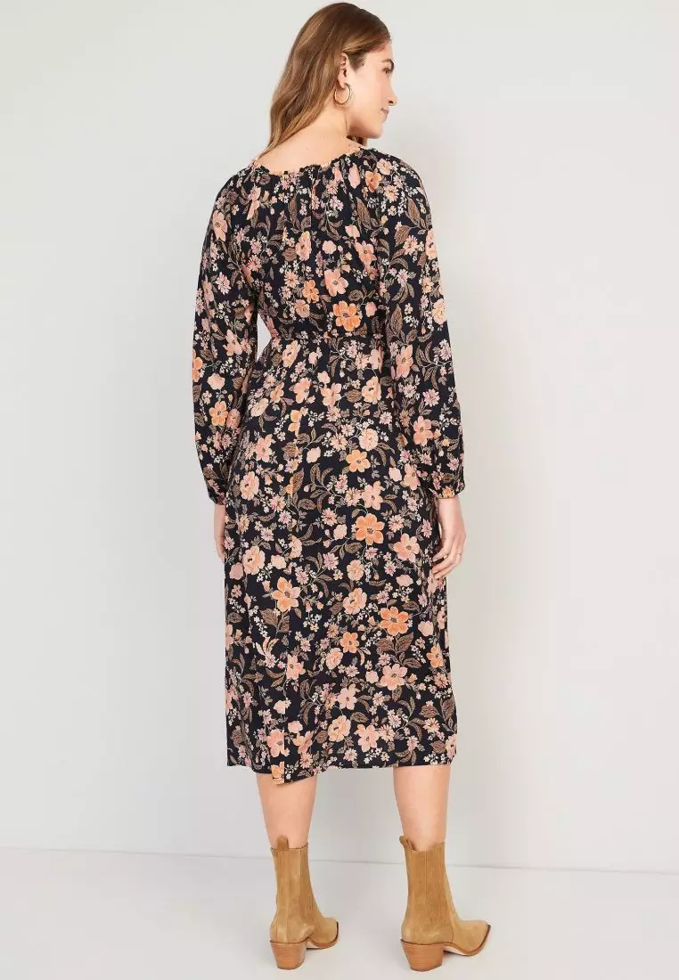 Maternity Waist-Defined Blouson-Sleeve Midi Dress