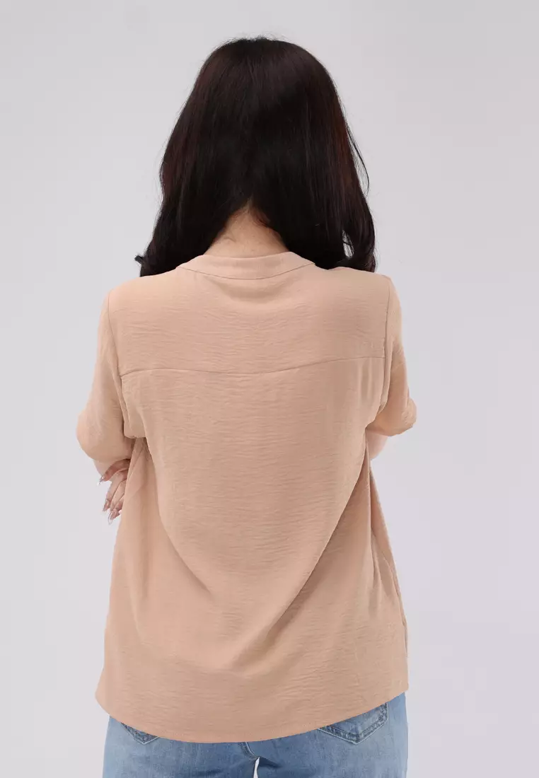Linen Wrinkles Short Sleeves Chinese Collar Blouse