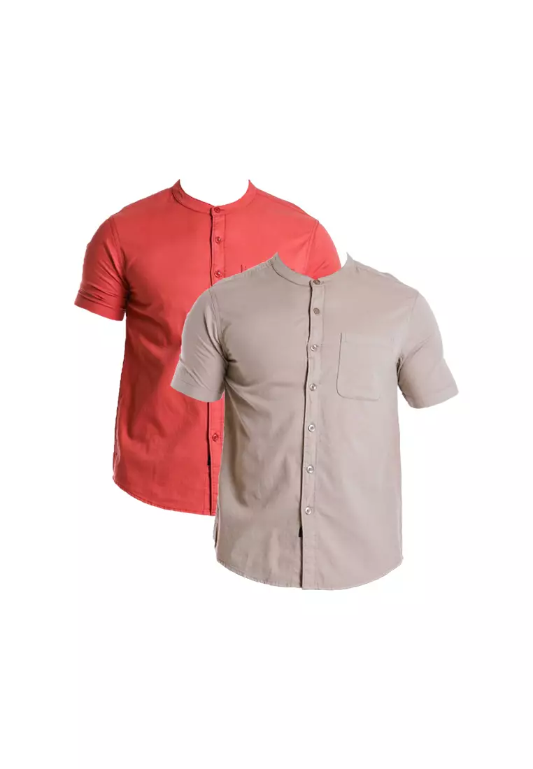 Forest Woven Mandarin Collar Short Sleeve Men Shirt | 621405-14KhakiGreen