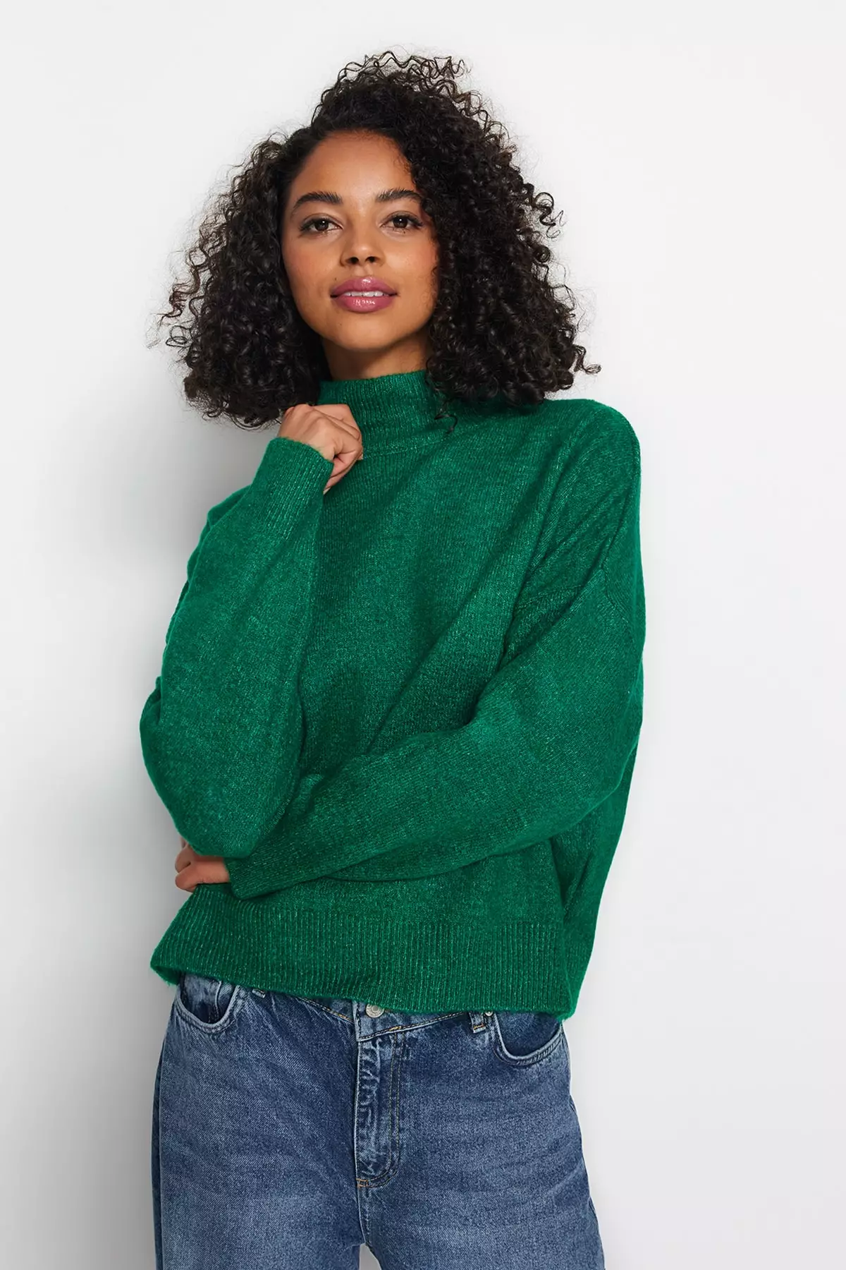 Green Sweater - Turtleneck Neck Cuff Sleeves Sweater - Emerald