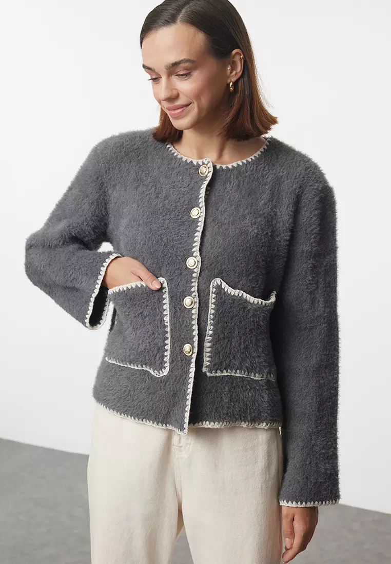 Anthracite Fluffy Soft Texture Jacket-Look Knitted Cardigan TWOAW25HI00009