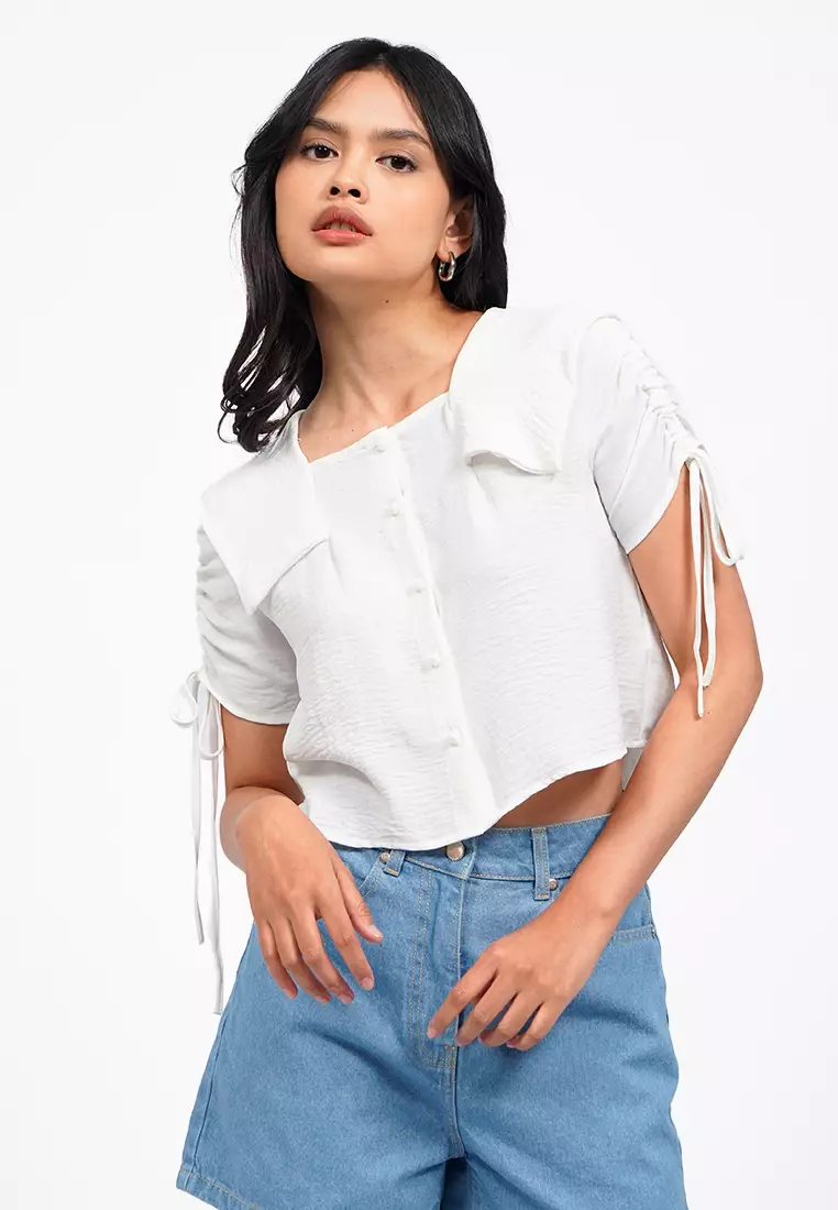 Wide Collar Short Sleeve Blouse
