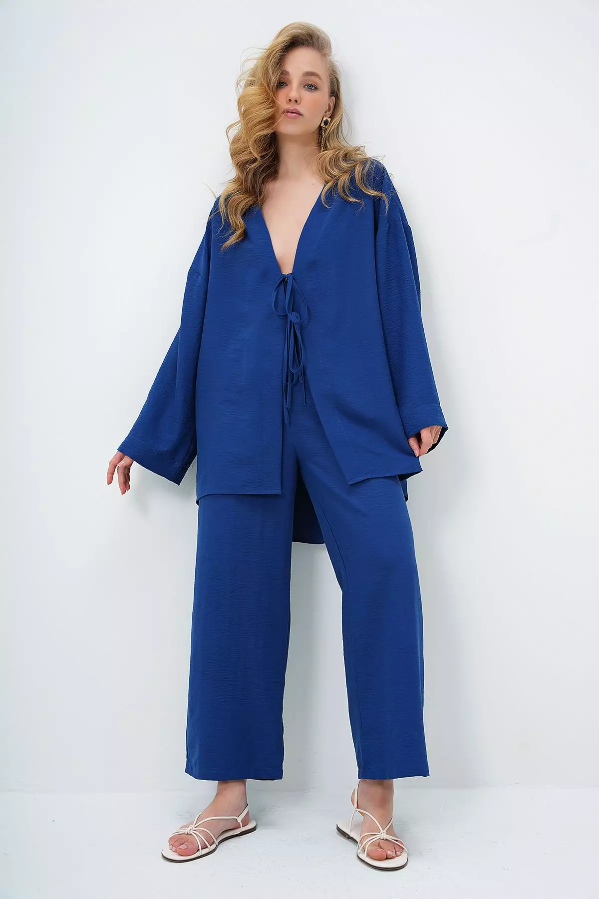 Women's Navy Blue Lace-Up Kimono Jacket And Palazzo Pants Set Alc-X12452