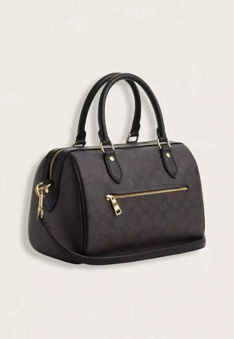 Coach Rowan Satchel Bag In Signature Canvas Walnut Black