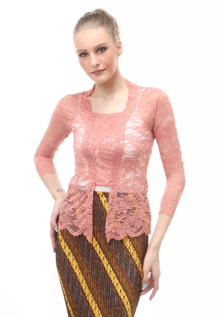 Hara Kebaya Seri 2 Motif Brokat Long Sleeves Atasan Wanita Transparan Premium Quality - Pink Salem