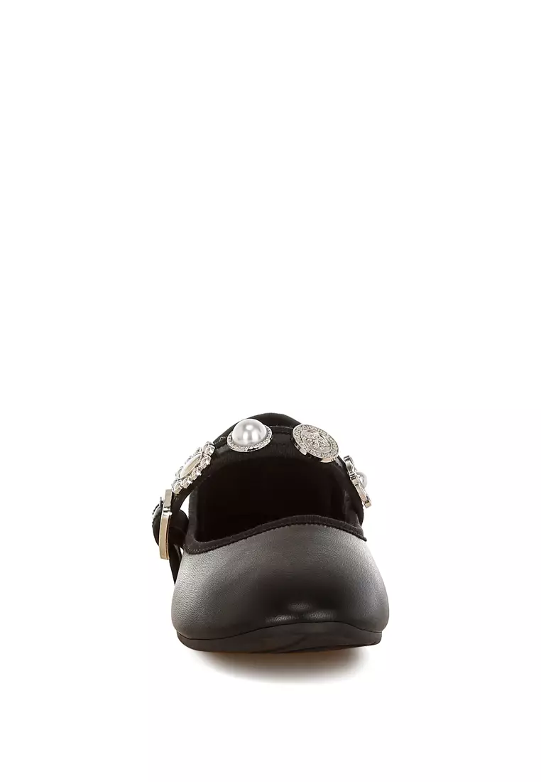 Charms Embellished Flat Mary Janes in Black