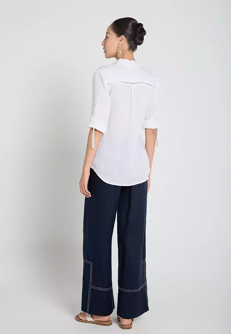 Linen Button-Up Shirt with Lace Accents