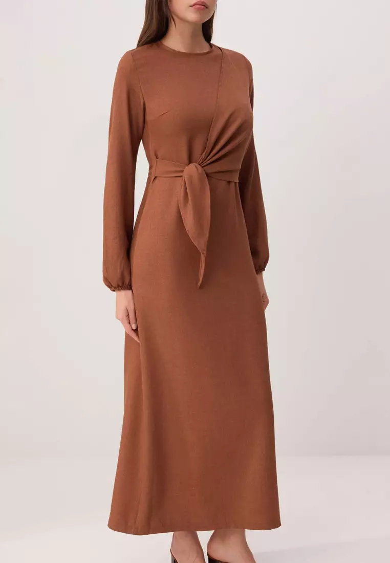 Light Brown Linen Look Woven Dress Tctss25Eb00129