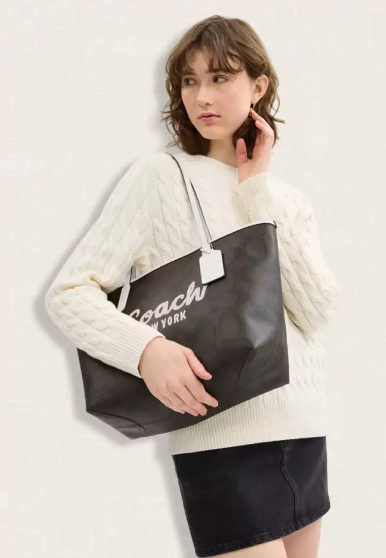 Coach City Tote Bag With Coach Graphic Walnut Chalk
