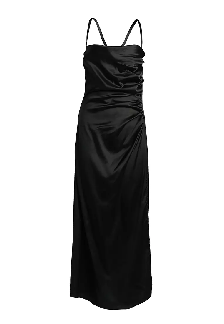 Black Ruched Detail Slit Slip Dress