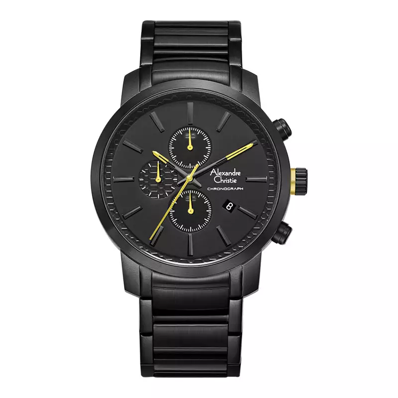Jam Tangan Pria Alexandre Christie Chronograph AC 6660 MC BIPBAYL Men Black Dial Black Stainless Steel Strap