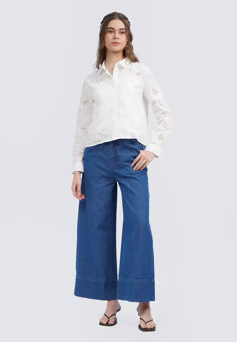 Long Sleeve Eyelet Blouse OFF WHITE