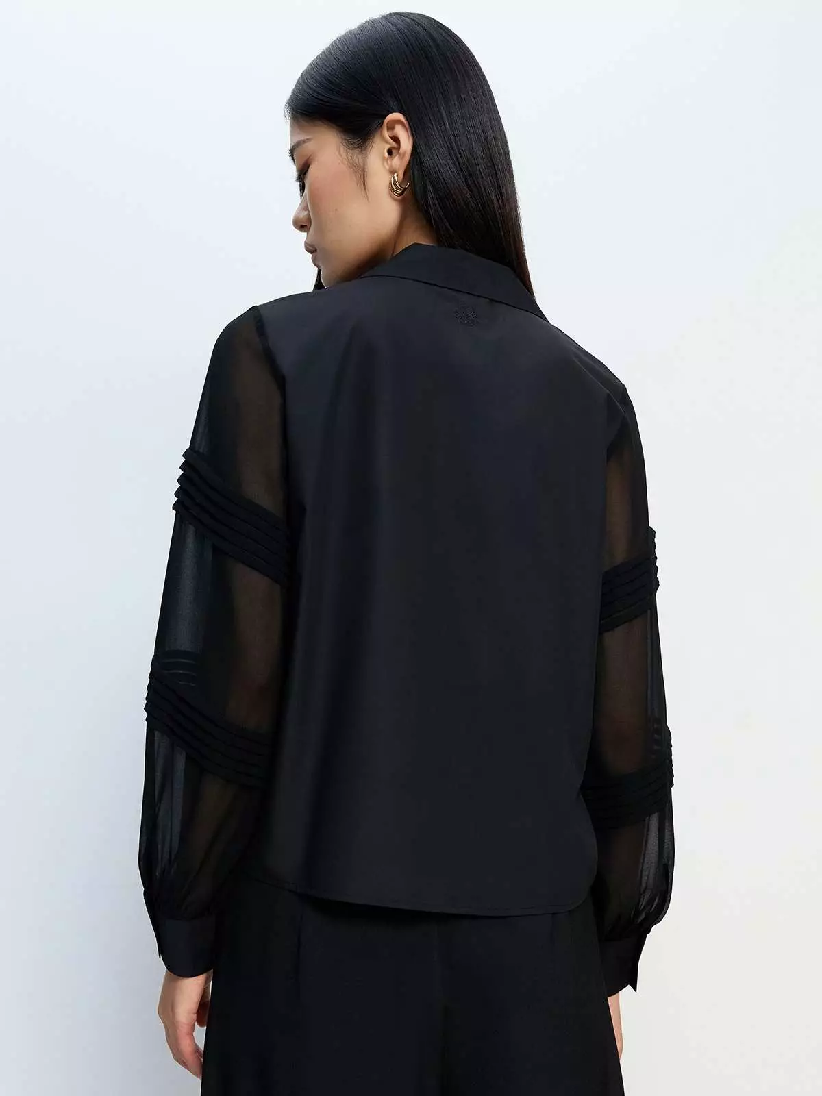 Sheer Sleeve Classic Button Shirt - Black