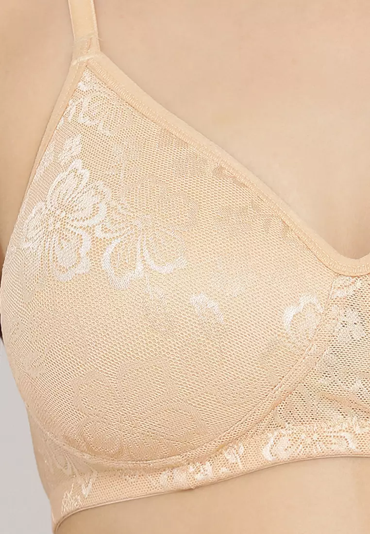 Lace Padded Non-Wired Full Coverage Bra in Nude
