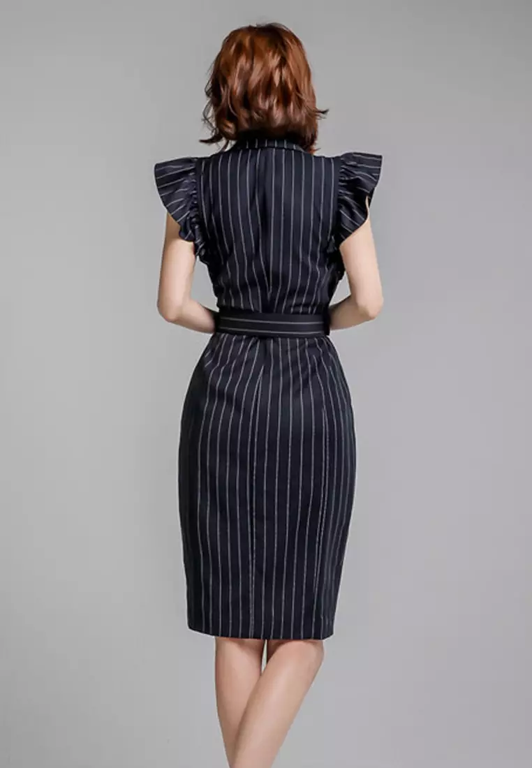 黑色直紋蓋式背心連身裙 A091008