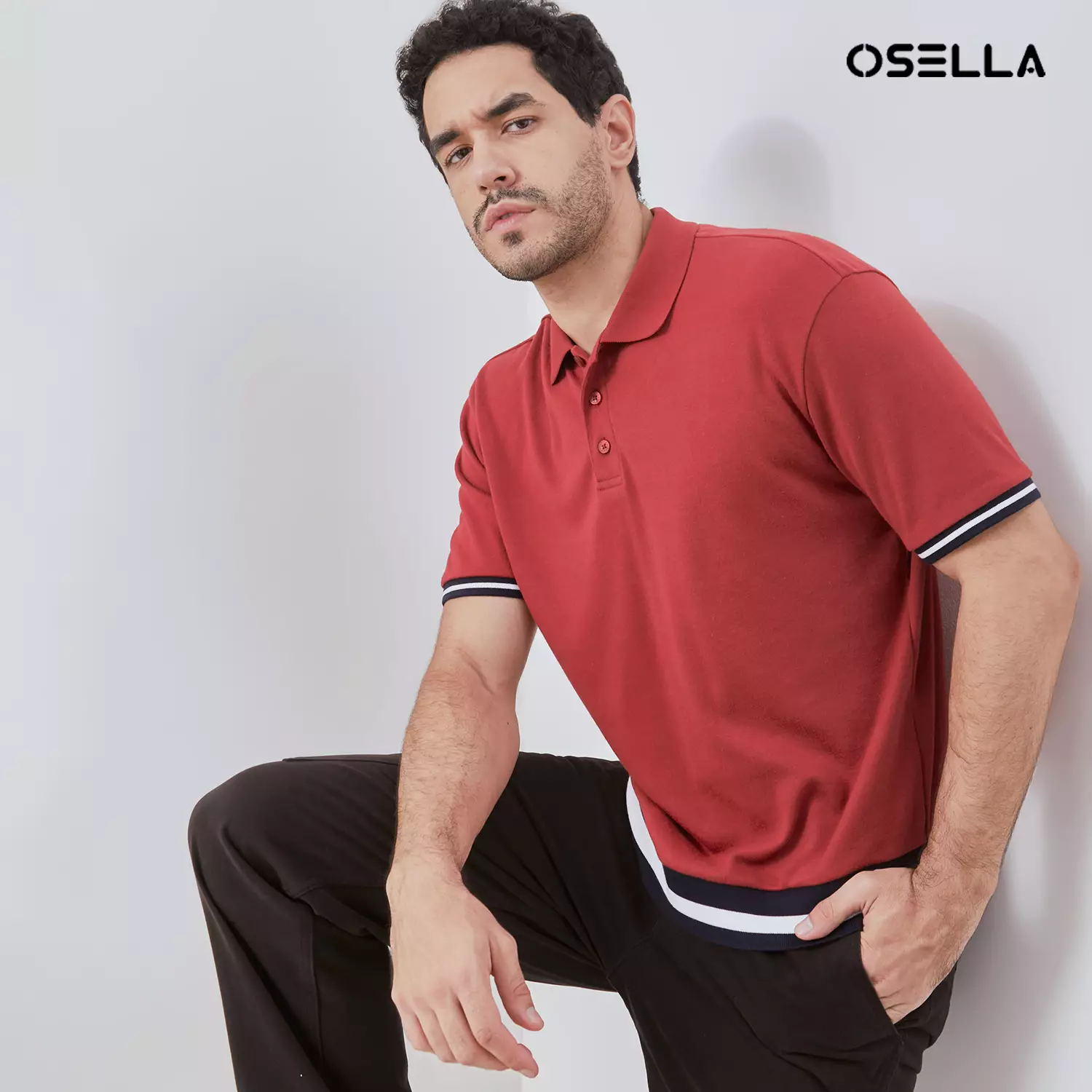 [NEW] Osella Ronan Solid Polo With Contrast Stripe Rib In Maroon 2021500953 | Polo Shirt Pria Lengan Pendek