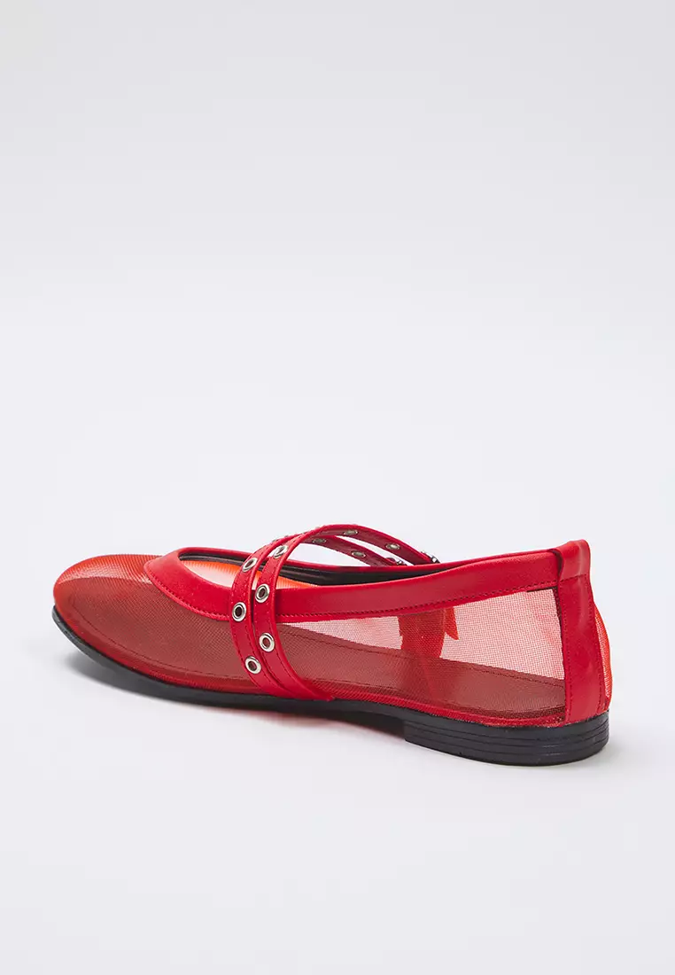 Red Mesh Detailed Eyelet Belt Buckle Mary Jane Women's Ballerina Flats Takss25Be00046