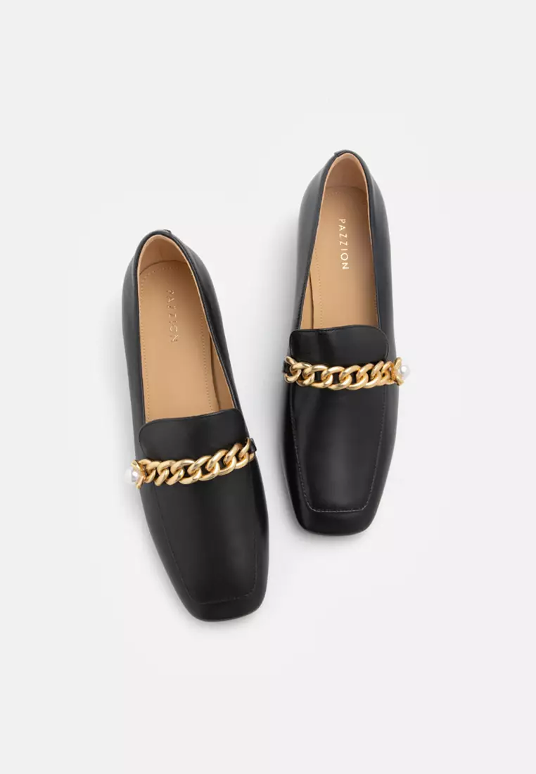 Maisie Pearl Embellished Chain Loafer Heels Black