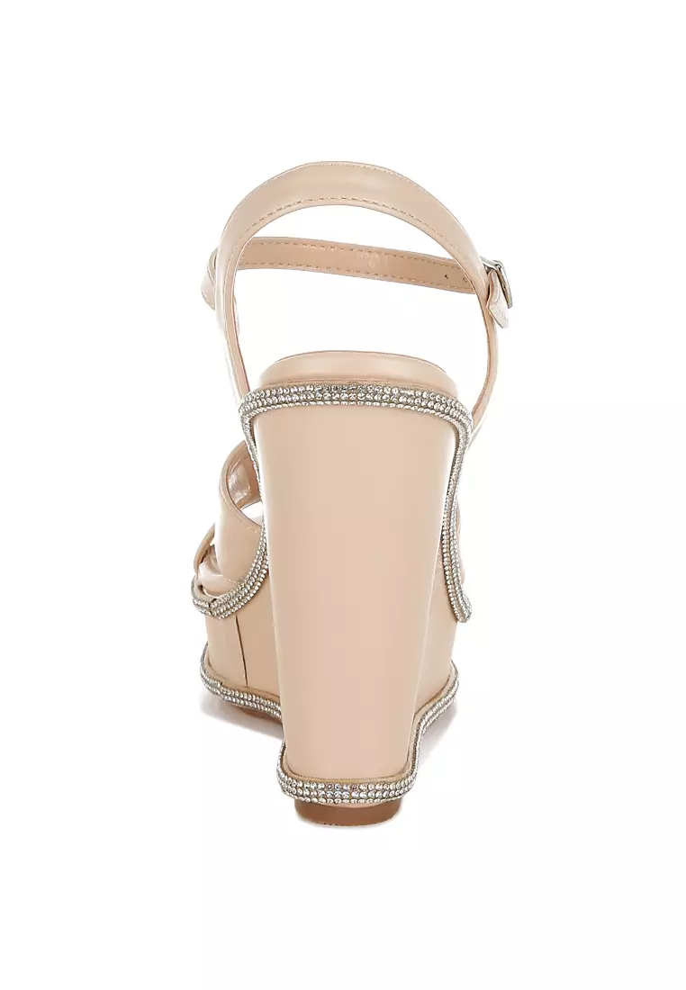 Rhinestones Embellished Wedge Sandals In Beige