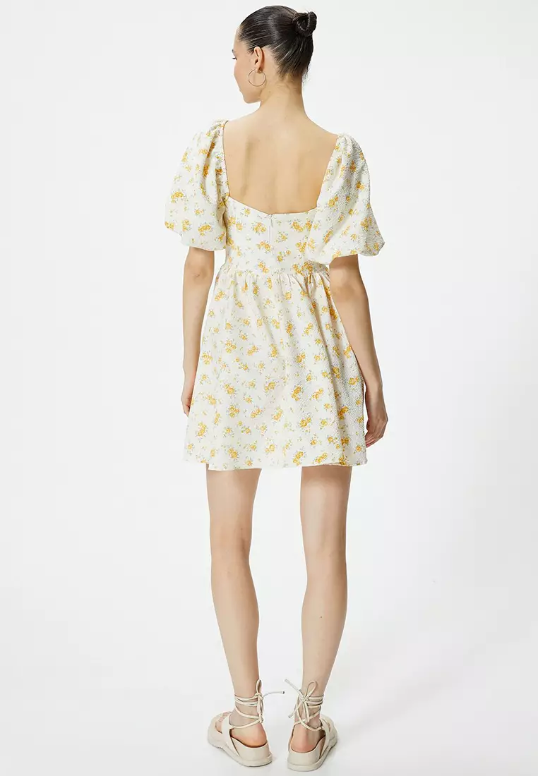 louren color nep Vneck cocoon dress glay（Balloon Sleeve Floral 