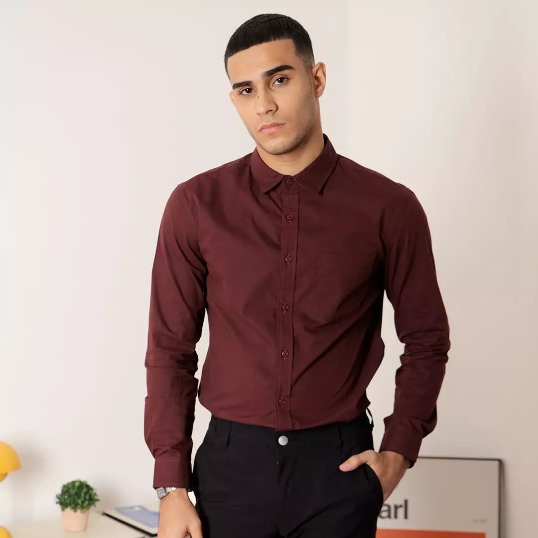 Oxcon Collarless Long Sleeve Business Shirt soft cotton Maroon