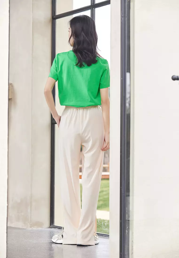 High Waist Cotton Pants with Slit Hem