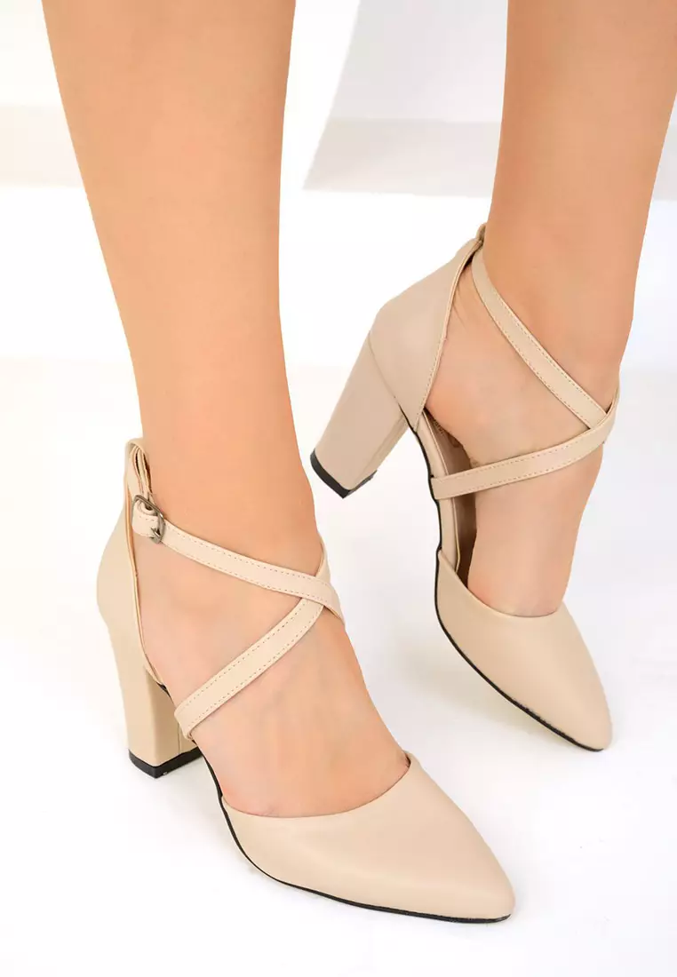 Pointed Toe Crossover Strap Block Heels