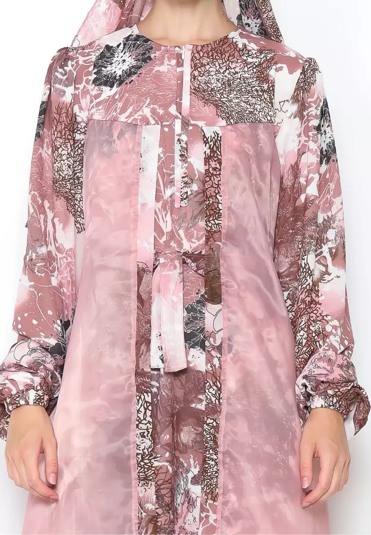 Rinjanie x Senorita  - Gamis Rosslen Dusty Pink - Gamis Set Scarf Raya - Gamis Set - Gamis Printing Mix Organza - Dress Raya - Dress mix organza - GMKY - PK