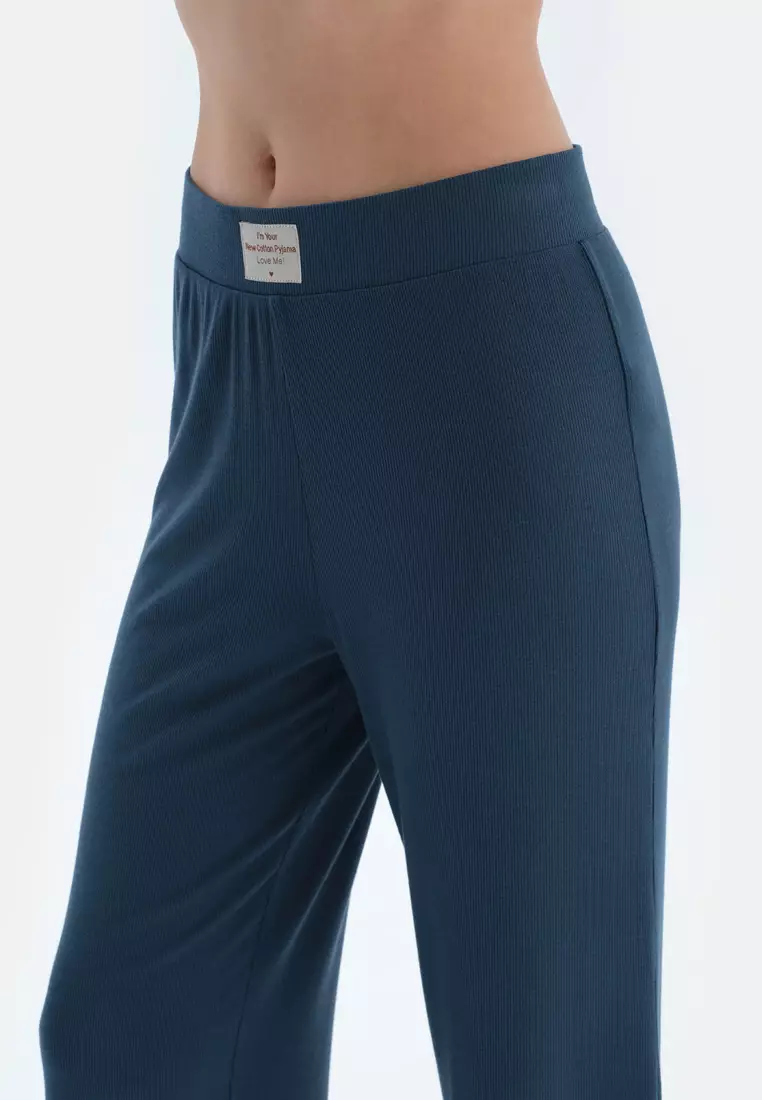 Navy T-Shirt & Trousers, V-Neck, Regular, Long Leg, Long Sleeve Sleepwear for Women