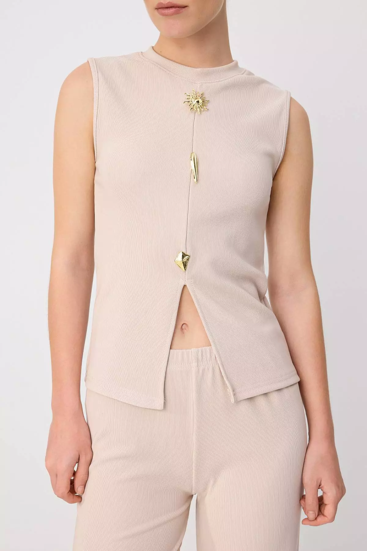 Stone Button Accessory Zero Sleeve Top Pants Knitted Bottom - Top Set Twoaw26Au00083