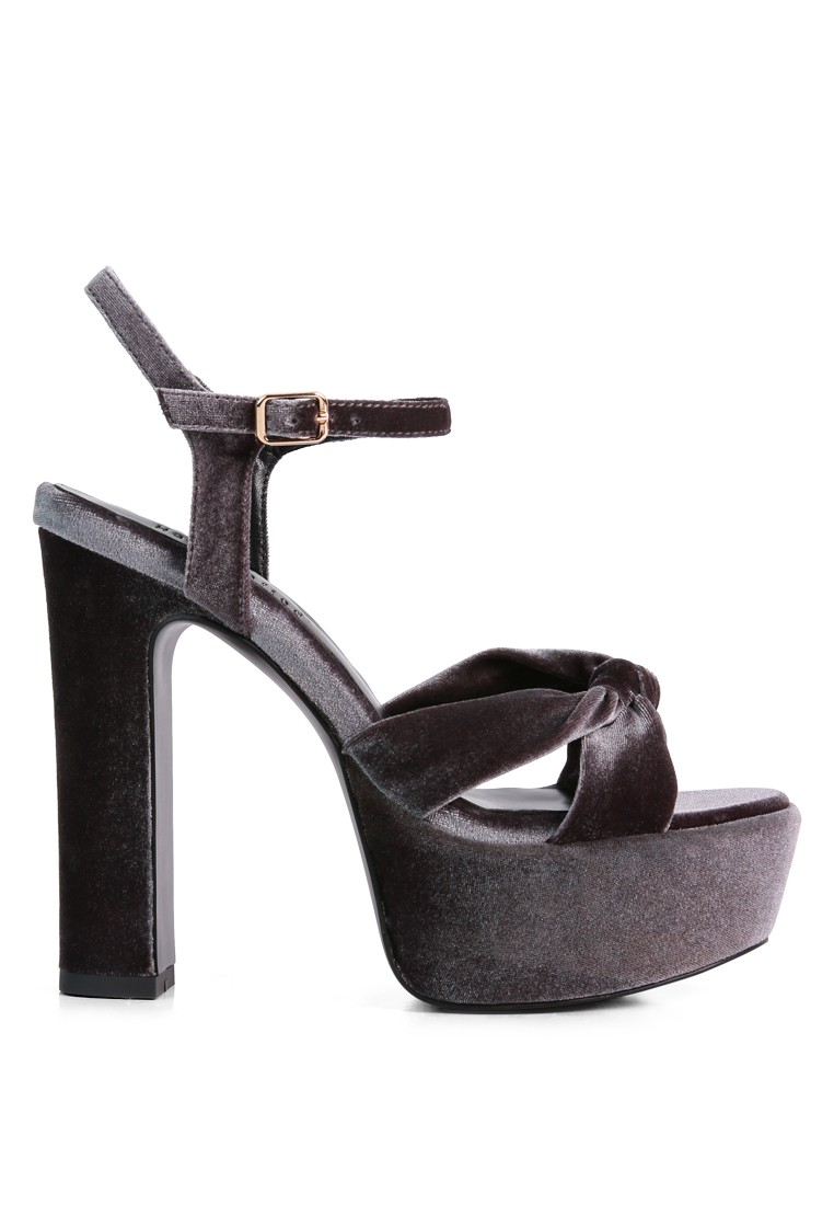 Grey Velvet High Block Heeled Sandals